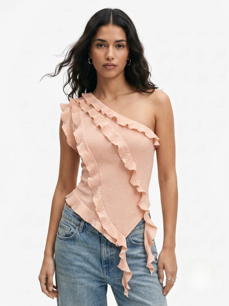 أوجيدر Peach Ruffle Detail Asymmetric Neck Top