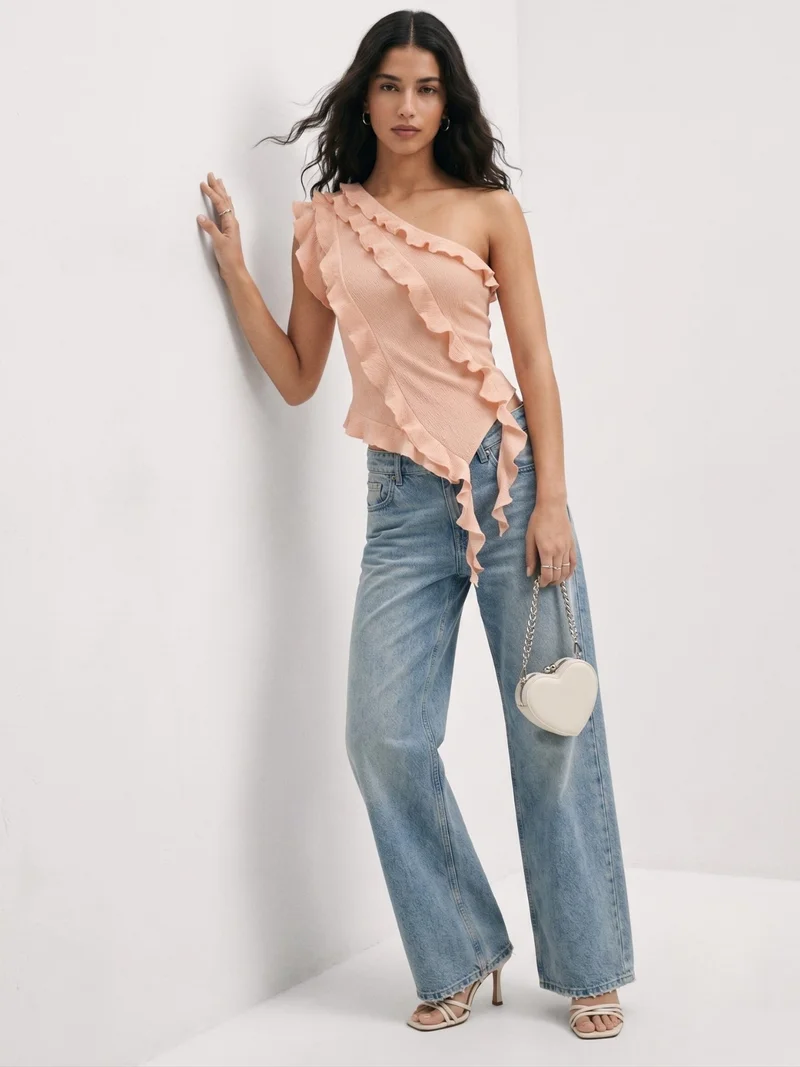 Outzidr  Peach Ruffle Detail Asymmetric Neck Top for Women | Best Price UAE