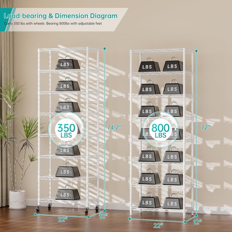 SINGAYE 8 Tier Shelf Organizer Storage Metal Shelves Garage Wire Shelving Unit Pantry Rack Adjustable Standing Storage for Kitchen Closet Laundry Bathroom Pantry 12" D x 22" W x 74" H White - Image 3