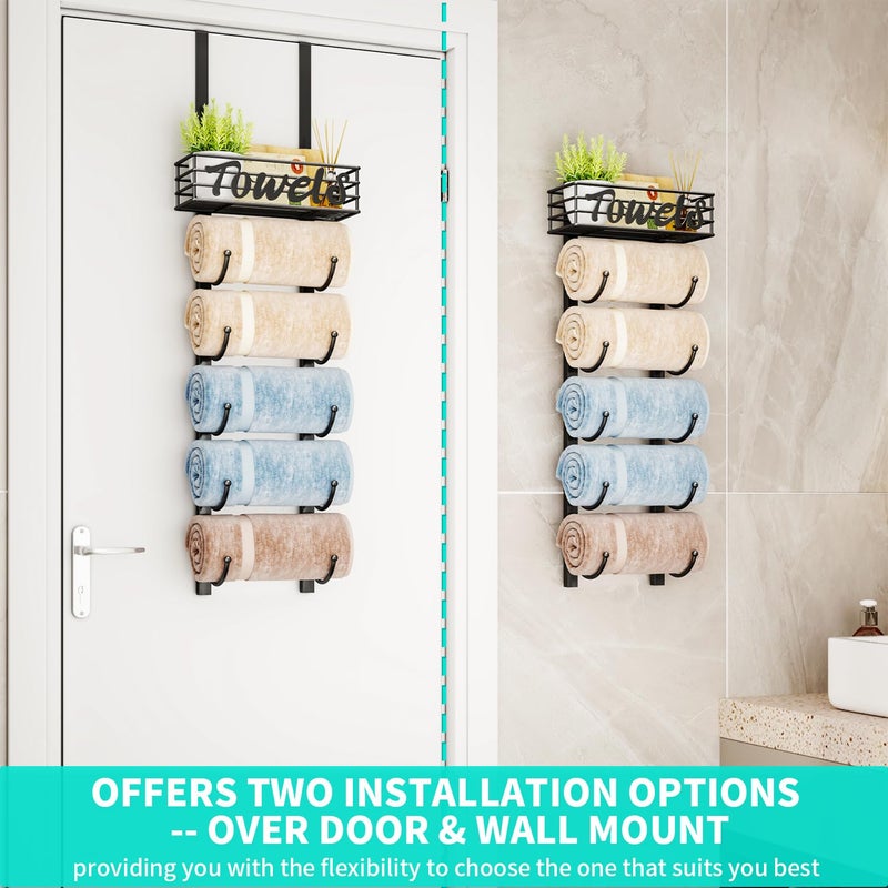 HapiRm Towel Racks for Bathroom Storage - 6 Tier Over The Door & Wall Mount Rolled Towel Storage Organizer Holder with Metal Shelf Basket for Small Bathroom, Camper, Rv - Black, Patented - Image 2