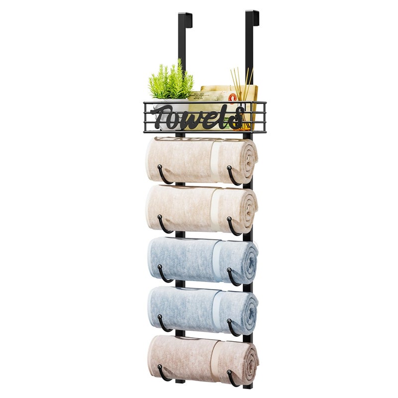 HapiRm Towel Racks for Bathroom Storage - 6 Tier Over The Door & Wall Mount Rolled Towel Storage Organizer Holder with Metal Shelf Basket for Small Bathroom, Camper, Rv - Black, Patented - Image 1
