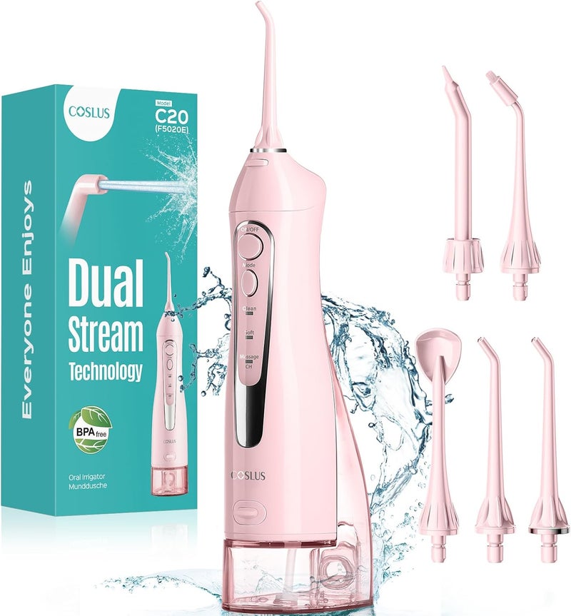 كوسلوس C20 Water Flosser خيط مائي خيط تنظيف المياه للعناية بالأسنان واللثة، لاسلكي، خزان مياه كبير، تنظيف عميق، قابل لإعادة الشحن، مقاوم للماء، خالٍ من مادة BPA، متعدد الفوهات، منزلي وسفر، وردي - Image 1