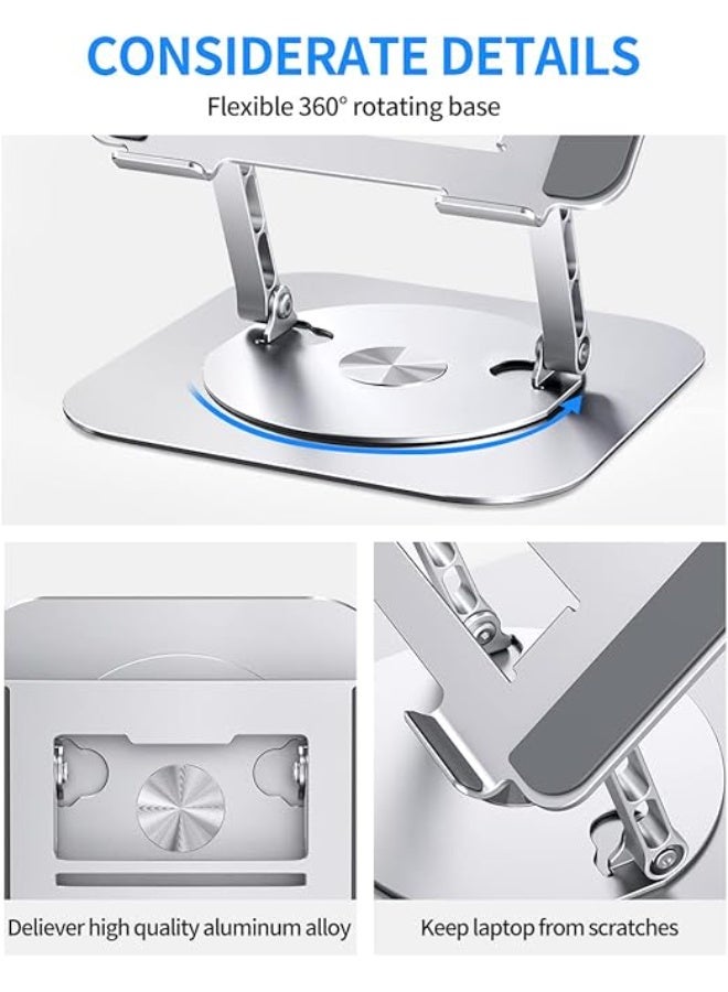 Adjustable Computer Stand with 360 Rotating Base, Ergonimic Foldable Laptop Riser for Desk Compatible with MacBook Pro/Air Notebook up to 16 Inches, Silver - Image 2