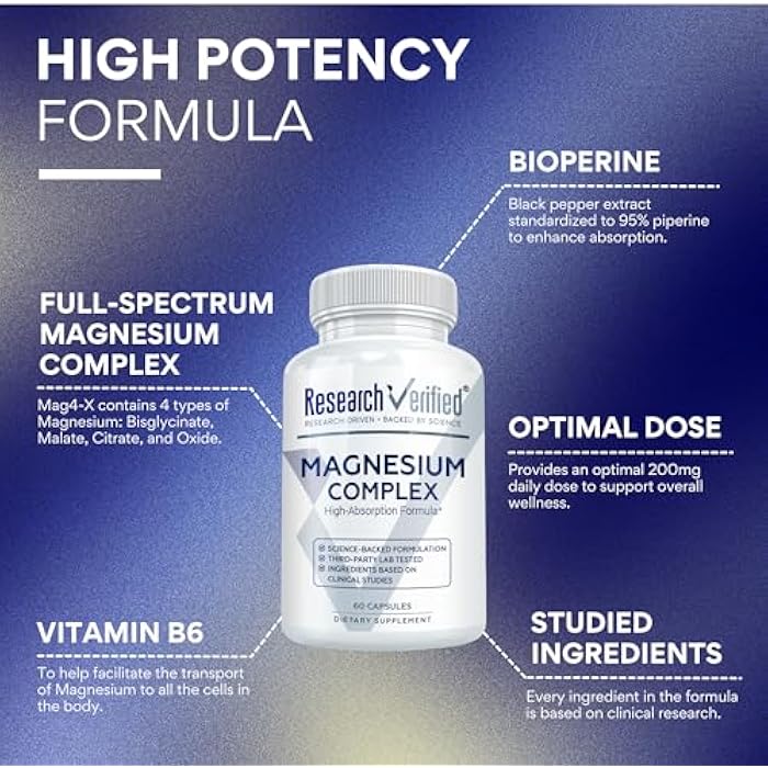 Research Verified Magnesium Complex - Brain, Muscle and Nerve Support - Magnesium Bisglycinate, Malate, Citrate, and Oxide - Bioperine - Vegan - 60 Capsules - Pack of 6 - Image 3