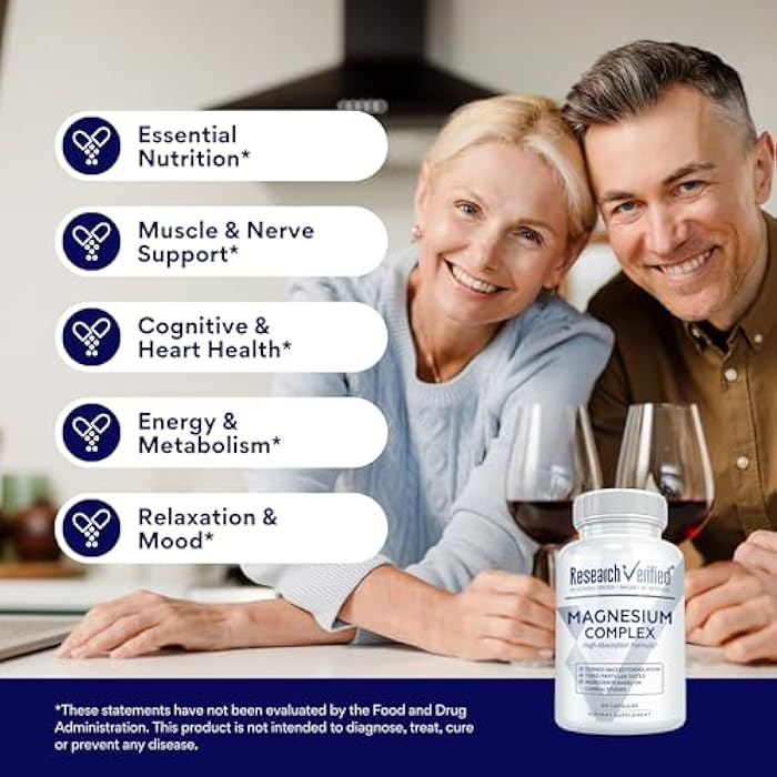 Research Verified Magnesium Complex - Brain, Muscle and Nerve Support - Magnesium Bisglycinate, Malate, Citrate, and Oxide - Bioperine - Vegan - 60 Capsules - Pack of 6 - Image 4