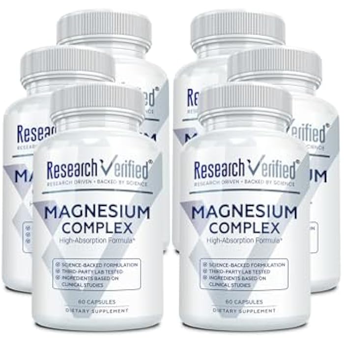 Research Verified Magnesium Complex - Brain, Muscle and Nerve Support - Magnesium Bisglycinate, Malate, Citrate, and Oxide - Bioperine - Vegan - 60 Capsules - Pack of 6 - Image 1