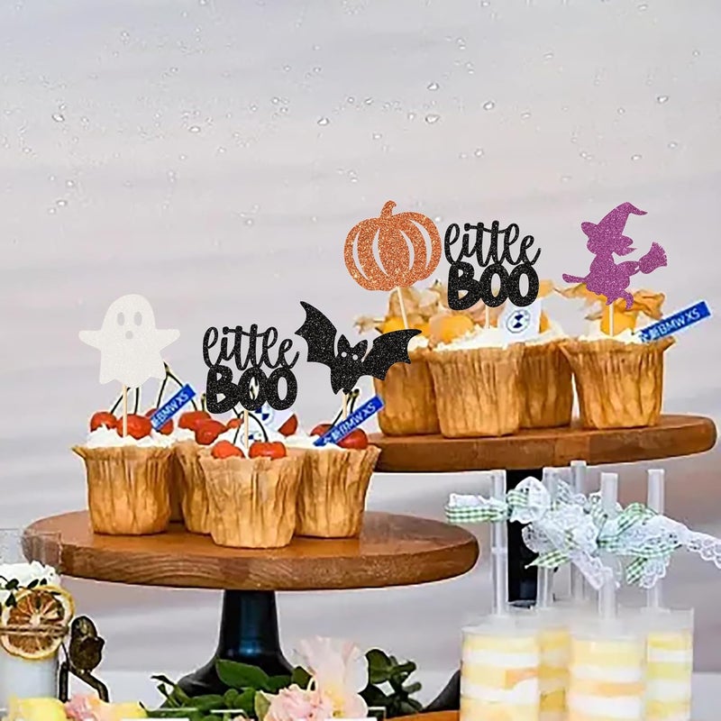 Rsstarxi 30 Pack Halloween Cupcake Toppers Glitter Bat Pumpkin Ghost Witch Little Boo Cupcake Picks Decorations for Halloween Theme Baby Shower Kids Birthday Party Cake Decorations - Image 4