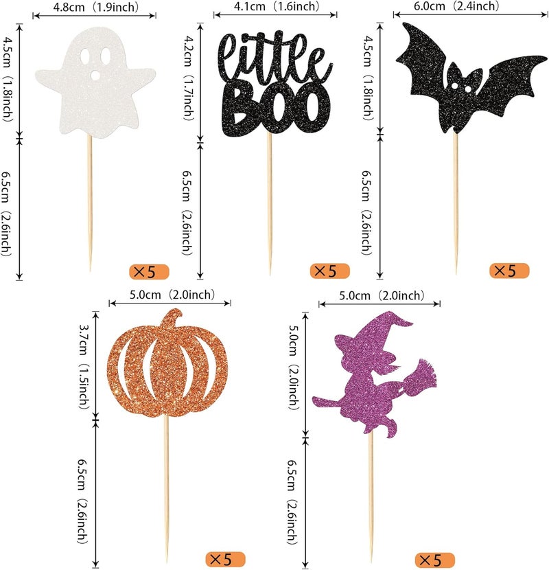 Rsstarxi 30 Pack Halloween Cupcake Toppers Glitter Bat Pumpkin Ghost Witch Little Boo Cupcake Picks Decorations for Halloween Theme Baby Shower Kids Birthday Party Cake Decorations - Image 2