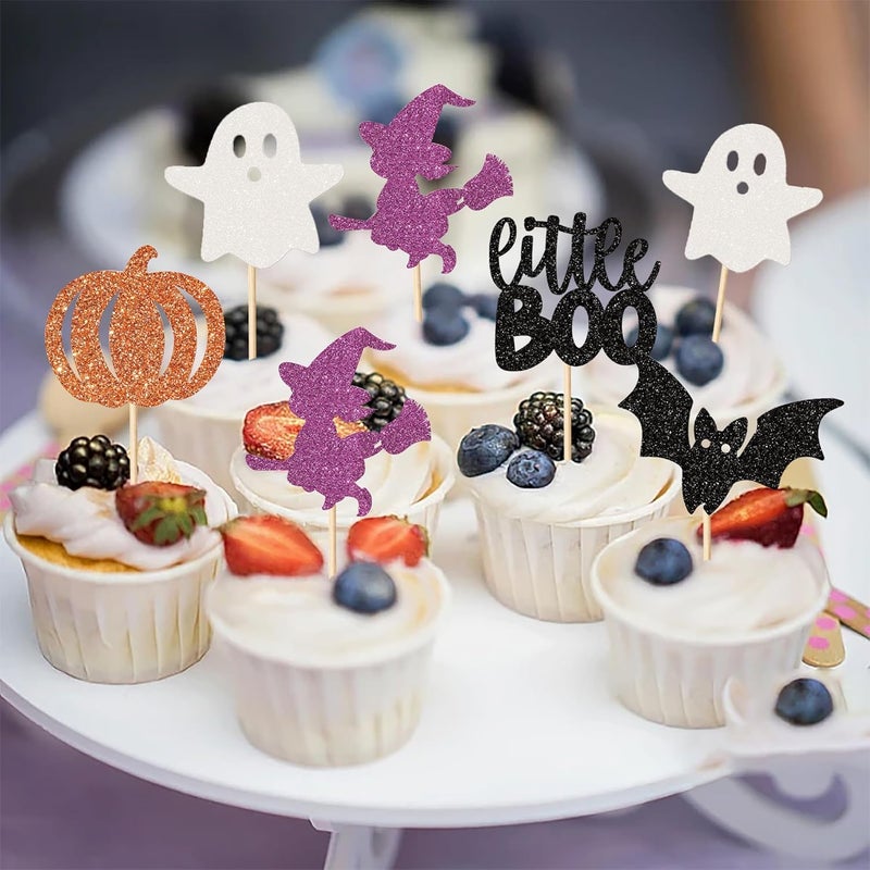 Rsstarxi 30 Pack Halloween Cupcake Toppers Glitter Bat Pumpkin Ghost Witch Little Boo Cupcake Picks Decorations for Halloween Theme Baby Shower Kids Birthday Party Cake Decorations - Image 3