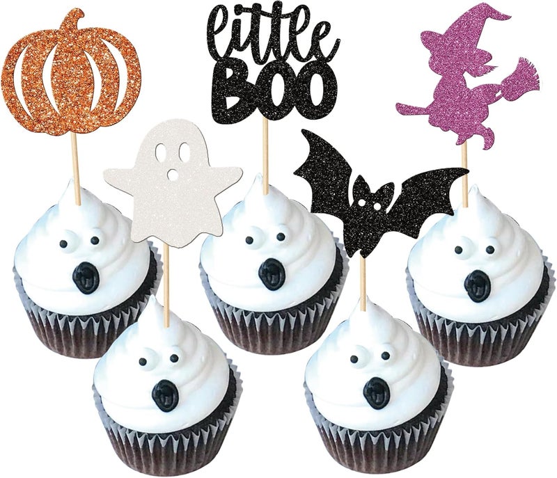 Rsstarxi 30 Pack Halloween Cupcake Toppers Glitter Bat Pumpkin Ghost Witch Little Boo Cupcake Picks Decorations for Halloween Theme Baby Shower Kids Birthday Party Cake Decorations - Image 1