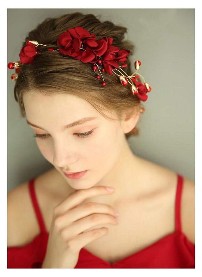 Chargances - Wedding Bride Floral Red Headband Crystal Gold Hair Vine With Pearl Rhinestone Hair Accessory Boho Delicate Hair Piece Jewelry For Women And Girls - Image 1
