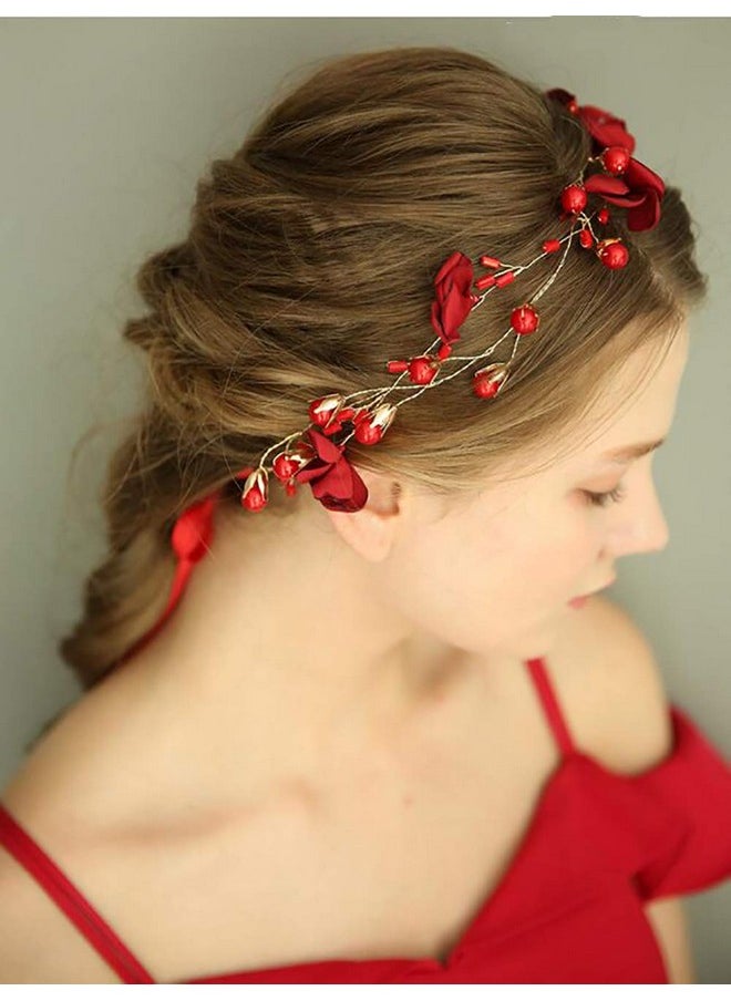 Chargances - Wedding Bride Floral Red Headband Crystal Gold Hair Vine With Pearl Rhinestone Hair Accessory Boho Delicate Hair Piece Jewelry For Women And Girls - Image 1