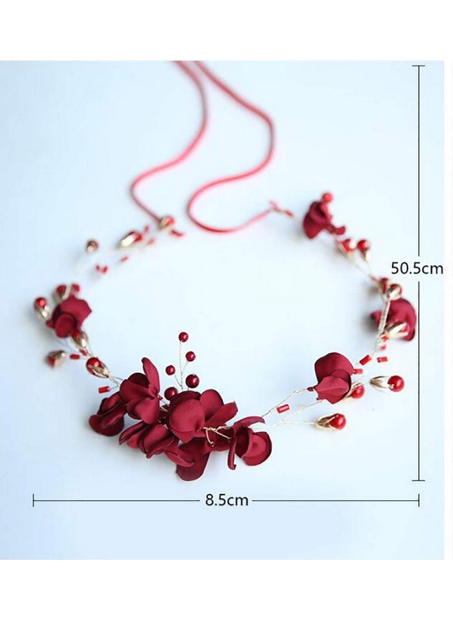 Chargances - Wedding Bride Floral Red Headband Crystal Gold Hair Vine With Pearl Rhinestone Hair Accessory Boho Delicate Hair Piece Jewelry For Women And Girls - Image 1