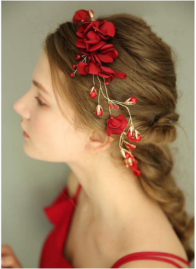 Chargances - Wedding Bride Floral Red Headband Crystal Gold Hair Vine With Pearl Rhinestone Hair Accessory Boho Delicate Hair Piece Jewelry For Women And Girls - Image 1