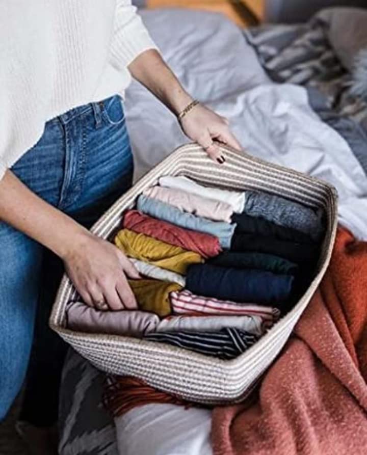 UR Home Handcrafted Storage Basket Beige Zig-Zag Colur Baby Laundry Baskets for Blanket Toys Towels Nursery Hamper Bin Without Handle (14x10x6) Jute - Image 4