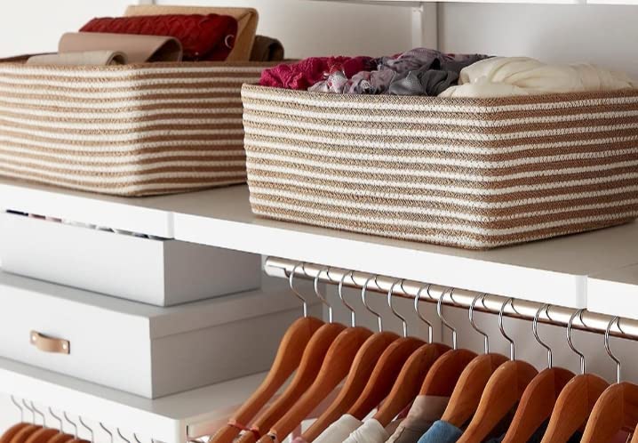 UR Home Handcrafted Storage Basket Beige Zig-Zag Colur Baby Laundry Baskets for Blanket Toys Towels Nursery Hamper Bin Without Handle (14x10x6) Jute - Image 2