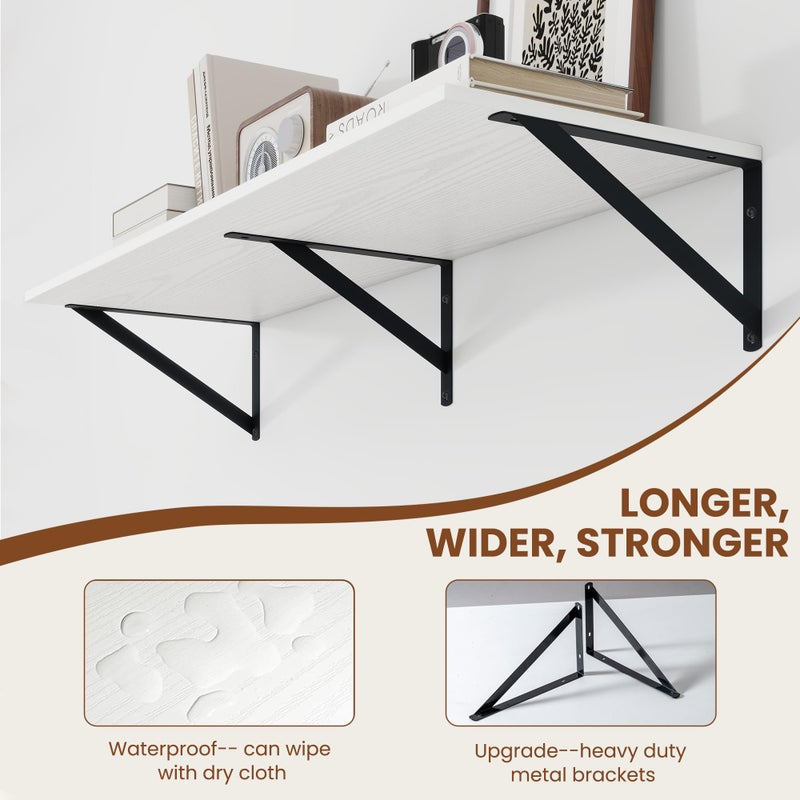 Heimlove White Deep Floating Shelves for Wall, 36W x 12D Wood Wall Shelves Set of 2, Wide Floating Bookshelf for Living Room, Kitchen, Office, Bedroom and Decor Storage, with Black Bracket - White - Image 4