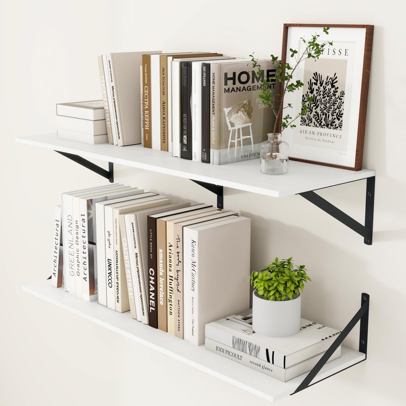 Heimlove White Deep Floating Shelves for Wall, 36W x 12D Wood Wall Shelves Set of 2, Wide Floating Bookshelf for Living Room, Kitchen, Office, Bedroom and Decor Storage, with Black Bracket - White - Image 1