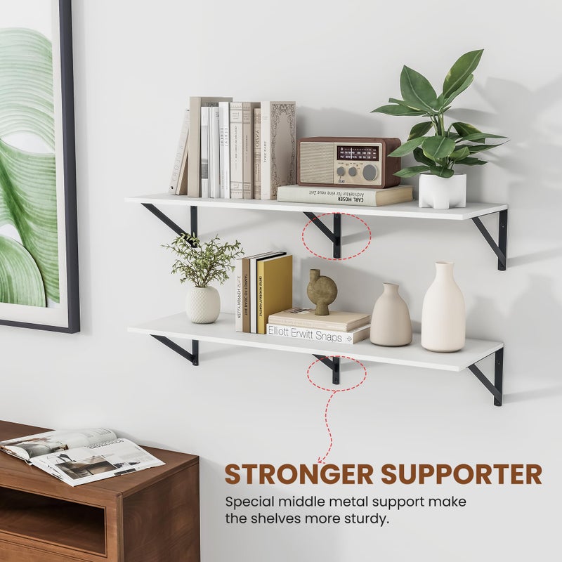 Heimlove White Deep Floating Shelves for Wall, 36W x 12D Wood Wall Shelves Set of 2, Wide Floating Bookshelf for Living Room, Kitchen, Office, Bedroom and Decor Storage, with Black Bracket - White - Image 2