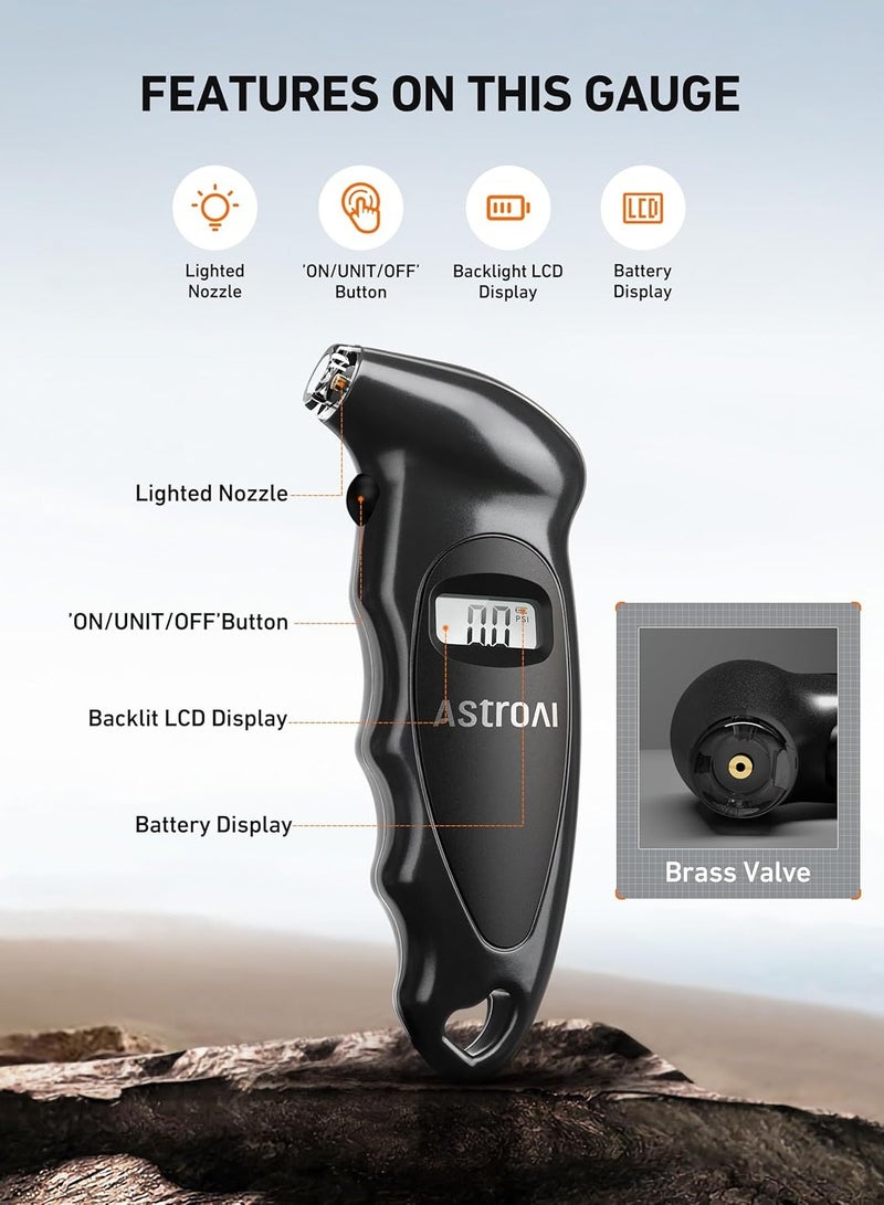 AstroAI Digital Tire Pressure Gauge 150 PSI 4 Settings for Car Truck Bicycle with Backlit LCD and Non-Slip Grip Tyre Pressure Checker - Image 2