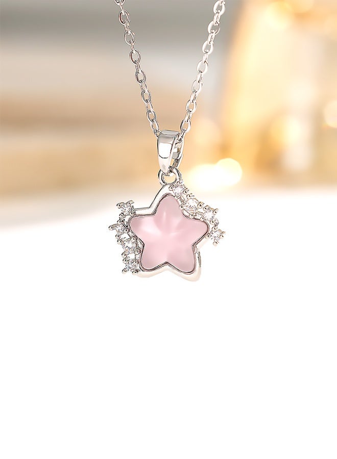 A Simple Pink Star Design Necklace with Gift Box and Bag Star Pendant Necklace Pink Crystal Silver Charm Chain Dainty Trendy Rhinestone Necklace Statement Daily Jewelry Anniversary Birthday Mothers Day Gifts for Women - Image 3