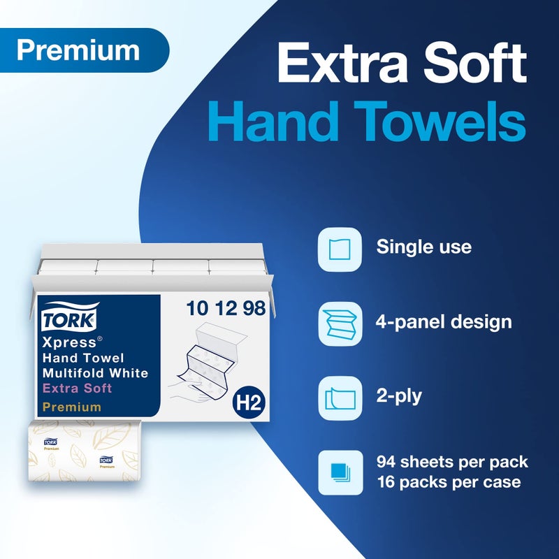 Tork Extra Soft Multifold Hand Towels White with Blue Leaf Print, H2 Dispenser Compatible 16 Packs x 94 Towels (101298) - Image 2