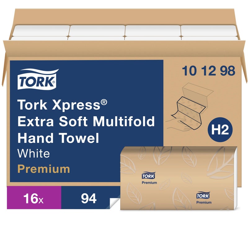 Tork Extra Soft Multifold Hand Towels White with Blue Leaf Print, H2 Dispenser Compatible 16 Packs x 94 Towels (101298) - Image 1
