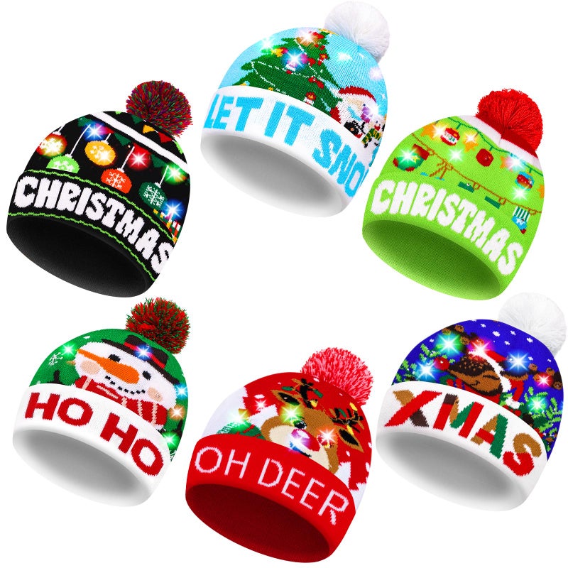 MGparty 6 Pack Christmas Hats LED Light Up Beanie Knit Hats Holiday Winter Snow Caps for Adults Kids - Image 2