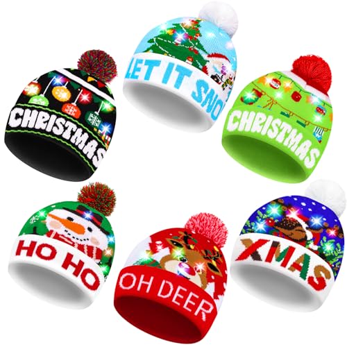 MGparty 6 Pack Christmas Hats LED Light Up Beanie Knit Hats Holiday Winter Snow Caps for Adults Kids - Image 1