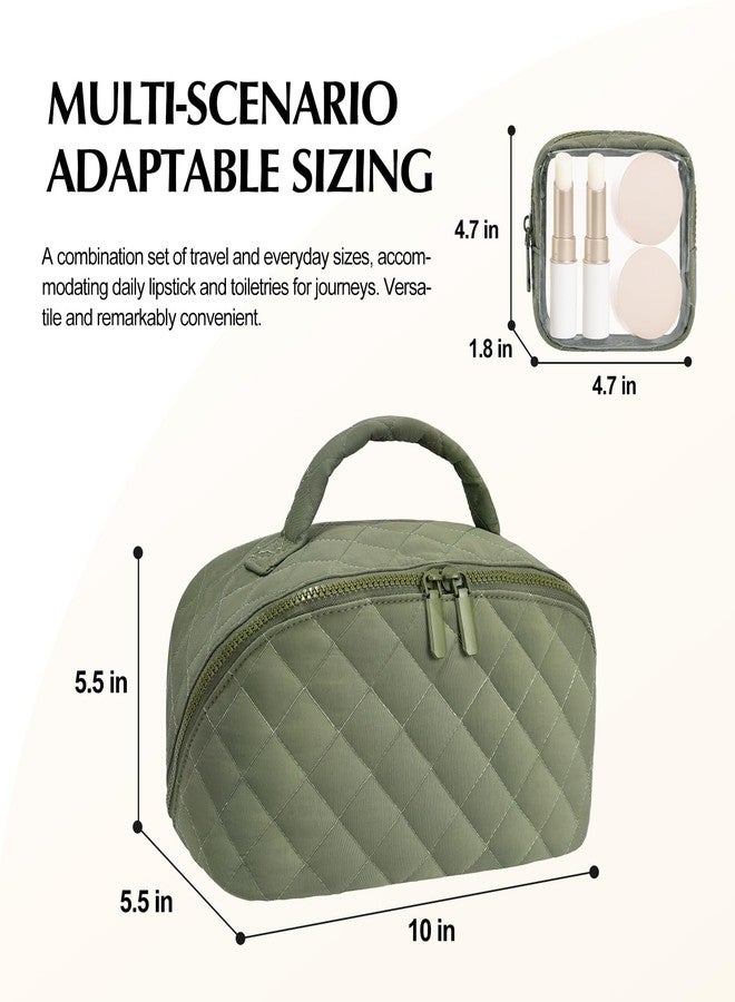 honitty Makeup Bag,Travel Make up Bags,Lay Flat Cosmetic Bag Set,Quilted Puffer Waterproof Toiletry Bag for Women, Green, Minimalist - Image 2