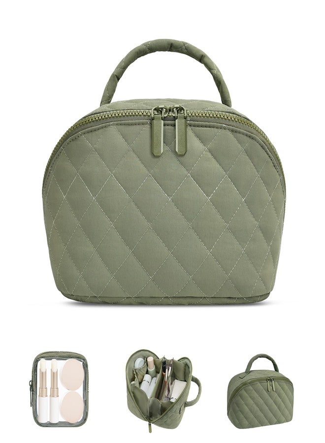 honitty Makeup Bag,Travel Make up Bags,Lay Flat Cosmetic Bag Set,Quilted Puffer Waterproof Toiletry Bag for Women, Green, Minimalist - Image 1