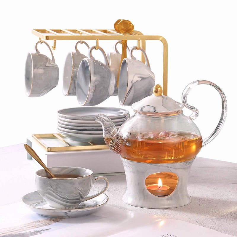 DUJUST 21 pcs Small Tea Set of 6 Gray Marble Texture with Handcraft Golden Trim Fine Porcelain Tea pot Set for KidsAdults 1 Glass Teapot22oz 6 Cups4oz 6 Saucers 6 Spoons 1 Shelf1 Warmer