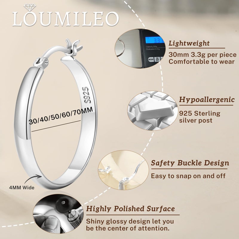 LOUMILEO 4mm Wide Large Silver Hoop Earrings Lightweight 925 Sterling Silver Hoop Earrings for Women Hypoallergenic Big Thin Hoops Earring for Women 30/40/50/60/70MM - Image 4