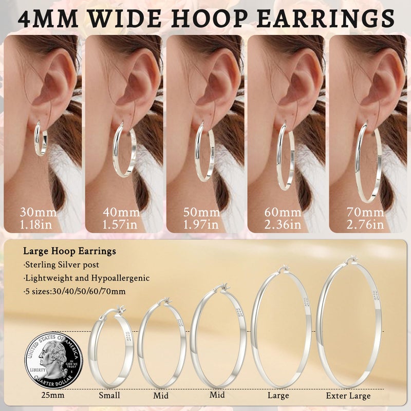 LOUMILEO 4mm Wide Large Silver Hoop Earrings Lightweight 925 Sterling Silver Hoop Earrings for Women Hypoallergenic Big Thin Hoops Earring for Women 30/40/50/60/70MM - Image 5