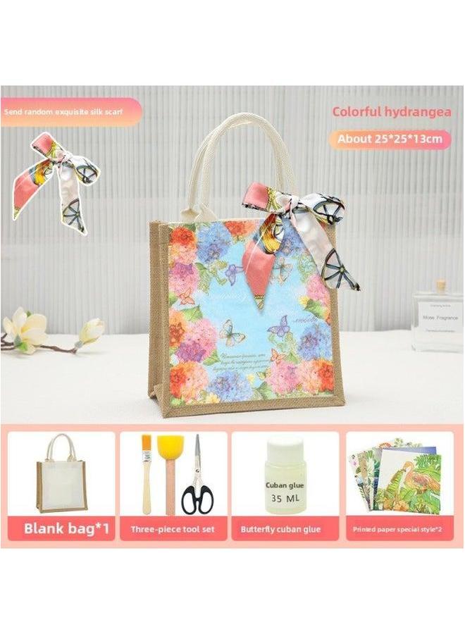 Thanksgiving Diy Handmade Butterfly Ancient Bart Canvas Tote Bag Sack Paste Group Building Parent-child Material Warm-up Field-Color:Butterfly Cuban Color Hydrangea Package + Small Vertical Style  - Image 1