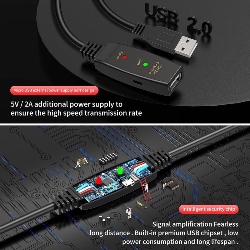 كابل تمديد USB 2.0 نشط بطول 50 قدم من ذكر إلى أنثى مع شريحة معزز إشارة - مكرر نشط - Image 3