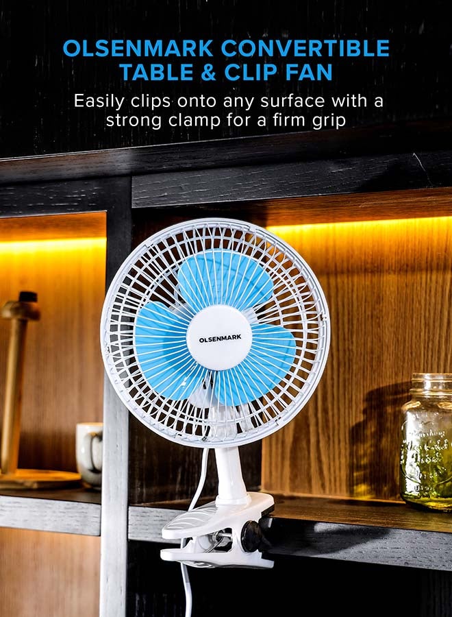 Olsenmark 3 IN 1 Wall and Table Clip Fan 8", 3 Leaf Blades For Strong Wind And 2-Speed Levels, High Performance Motor For High Speed Wind, 360-Degree Rotation OMF1798H Blue and white - Image 5