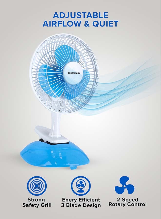 Olsenmark 3 IN 1 Wall and Table Clip Fan 8", 3 Leaf Blades For Strong Wind And 2-Speed Levels, High Performance Motor For High Speed Wind, 360-Degree Rotation OMF1798H Blue and white - Image 3