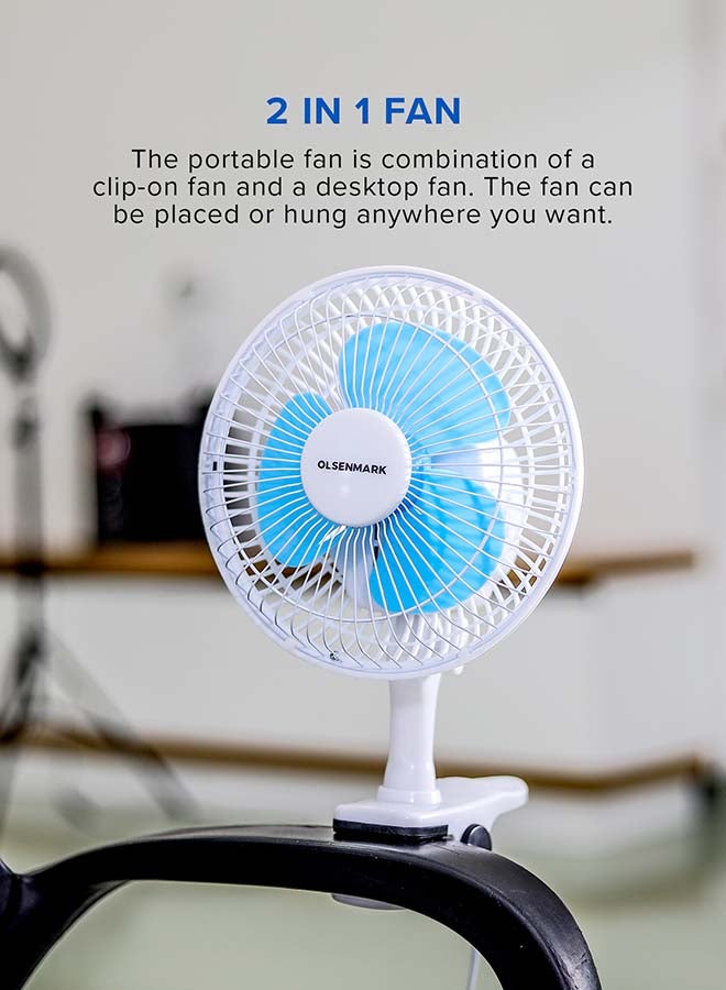 Olsenmark 3 IN 1 Wall and Table Clip Fan 8", 3 Leaf Blades For Strong Wind And 2-Speed Levels, High Performance Motor For High Speed Wind, 360-Degree Rotation OMF1798H Blue and white - Image 2