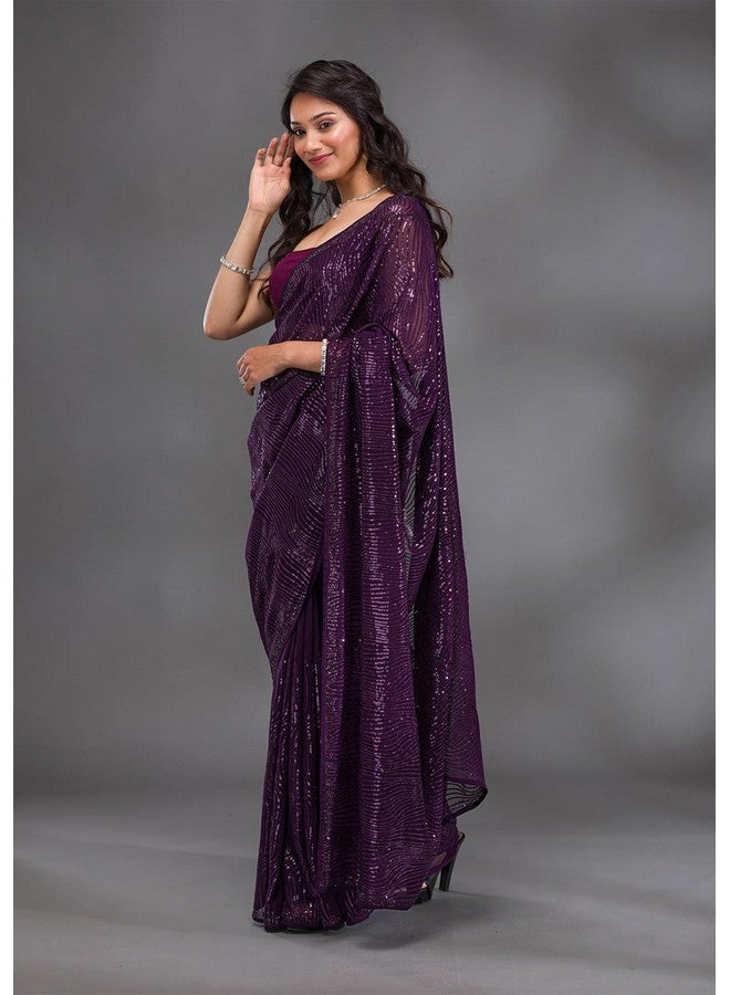 TRENDMALLS ساري جورجيت مزين بتطريز تسلسل من TRENDMALLS مع قطعة بلوز غير مخيطة (K1135-بنفسجي) - Image 4