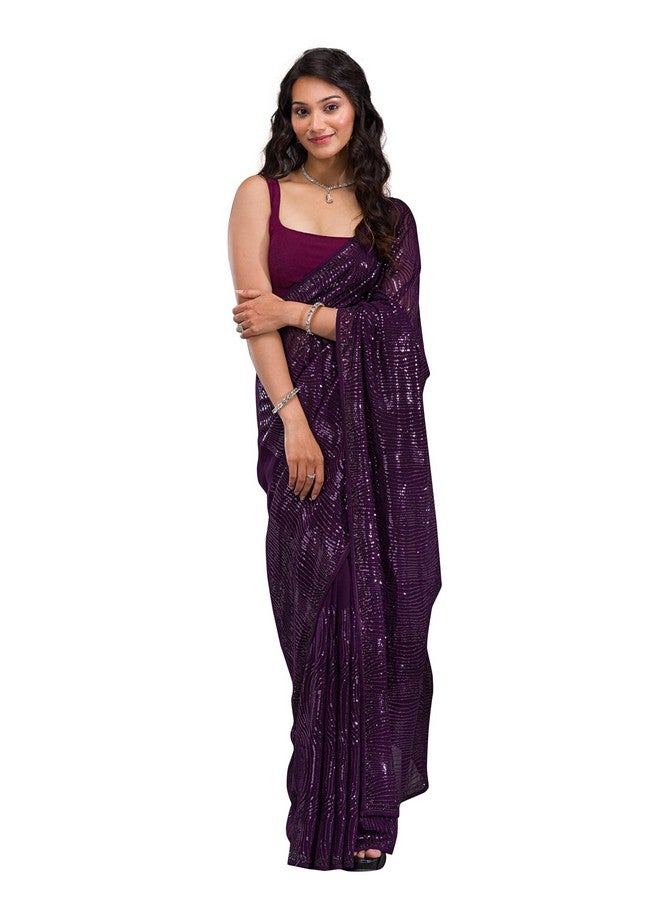 TRENDMALLS ساري جورجيت مزين بتطريز تسلسل من TRENDMALLS مع قطعة بلوز غير مخيطة (K1135-بنفسجي) - Image 1
