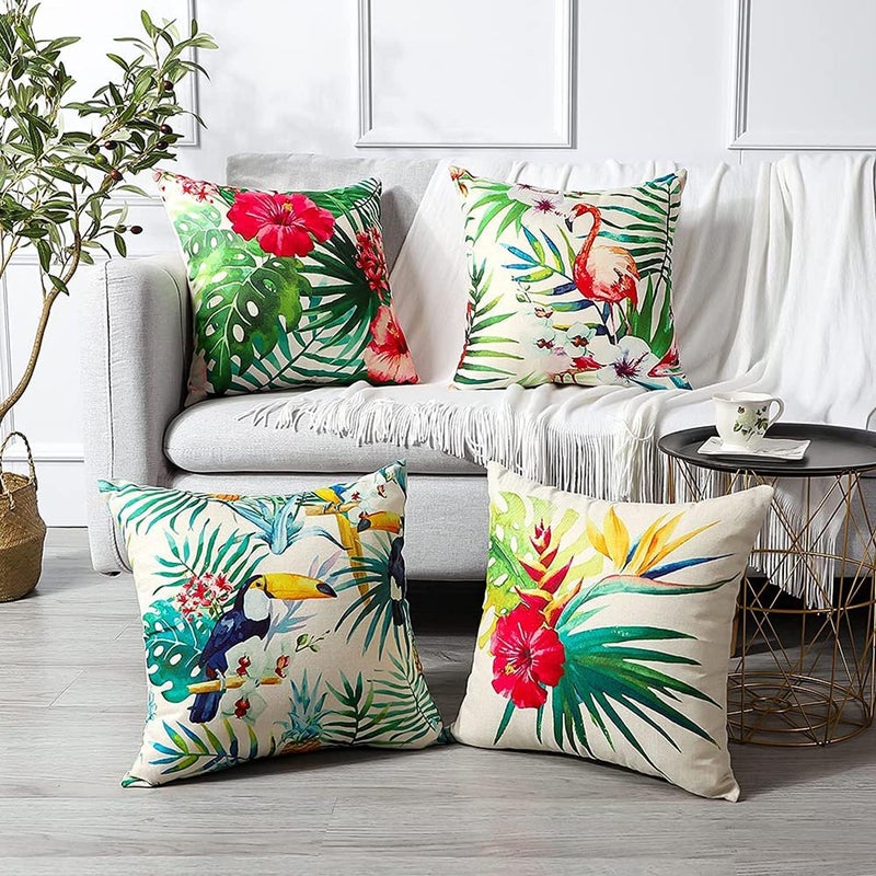 ELECDON Decorative Throw Pillow Covers Pack of 4, Waterproof Cushion Covers, Perfect to Outdoor Patio Garden Living Room Sofa Farmhouse Decor (18x18 Inches) (Tropical Plants and Flowers Birds) - Image 4