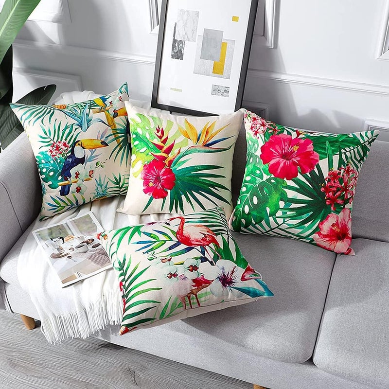 ELECDON Decorative Throw Pillow Covers Pack of 4, Waterproof Cushion Covers, Perfect to Outdoor Patio Garden Living Room Sofa Farmhouse Decor (18x18 Inches) (Tropical Plants and Flowers Birds) - Image 2