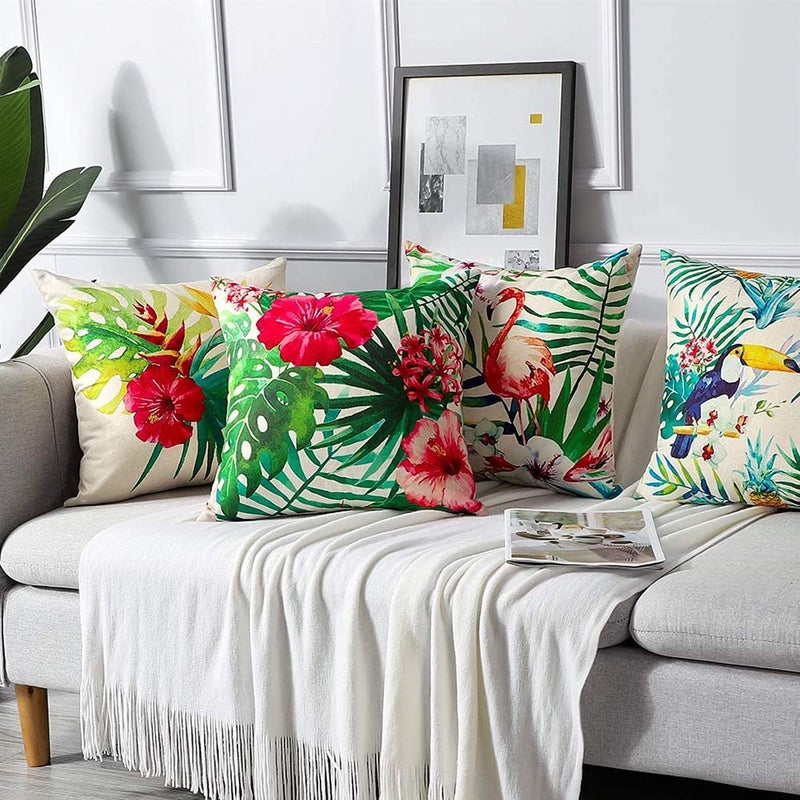ELECDON Decorative Throw Pillow Covers Pack of 4, Waterproof Cushion Covers, Perfect to Outdoor Patio Garden Living Room Sofa Farmhouse Decor (18x18 Inches) (Tropical Plants and Flowers Birds) - Image 3