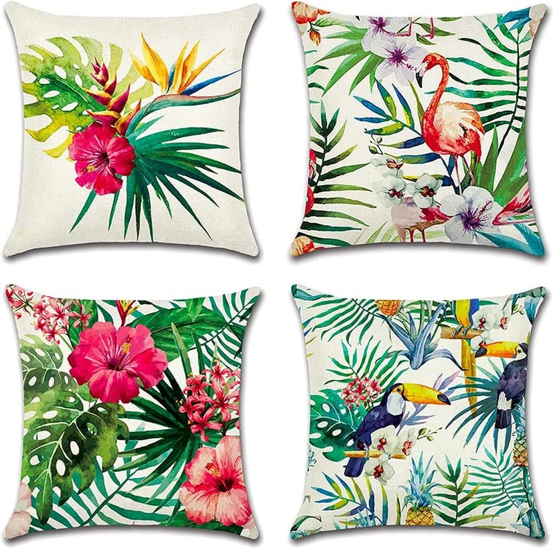 ELECDON Decorative Throw Pillow Covers Pack of 4, Waterproof Cushion Covers, Perfect to Outdoor Patio Garden Living Room Sofa Farmhouse Decor (18x18 Inches) (Tropical Plants and Flowers Birds) - Image 1