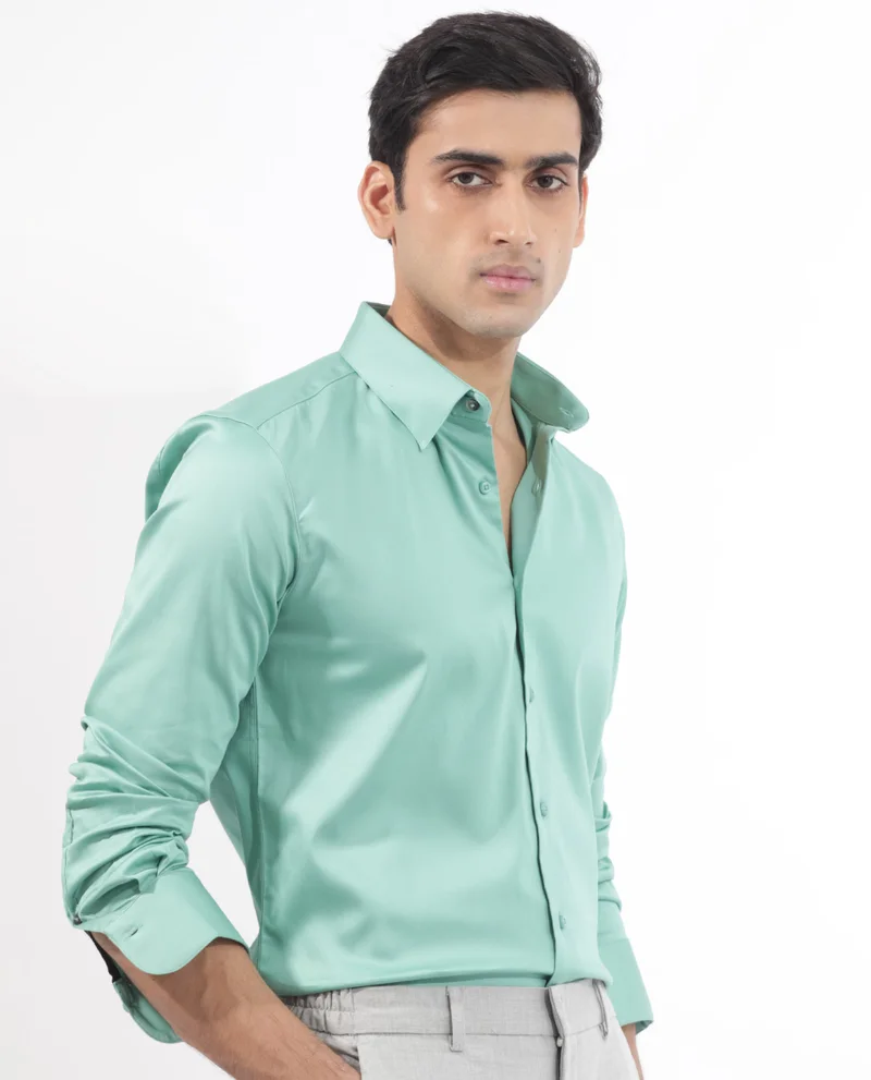 Rare Rabbit Rare Rabbit Men's Holand Pastel Green Satin Fabric Full Sleeves Solid Shirt
