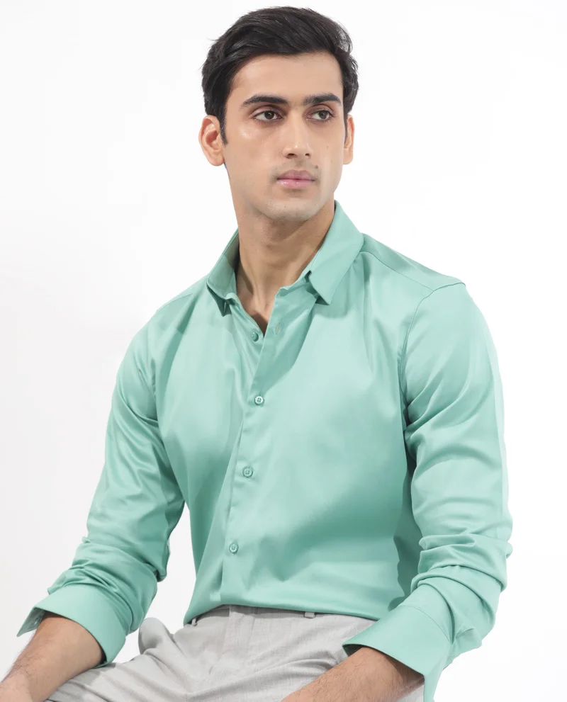 Rare Rabbit Rare Rabbit Men's Holand Pastel Green Satin Fabric Full Sleeves Solid Shirt