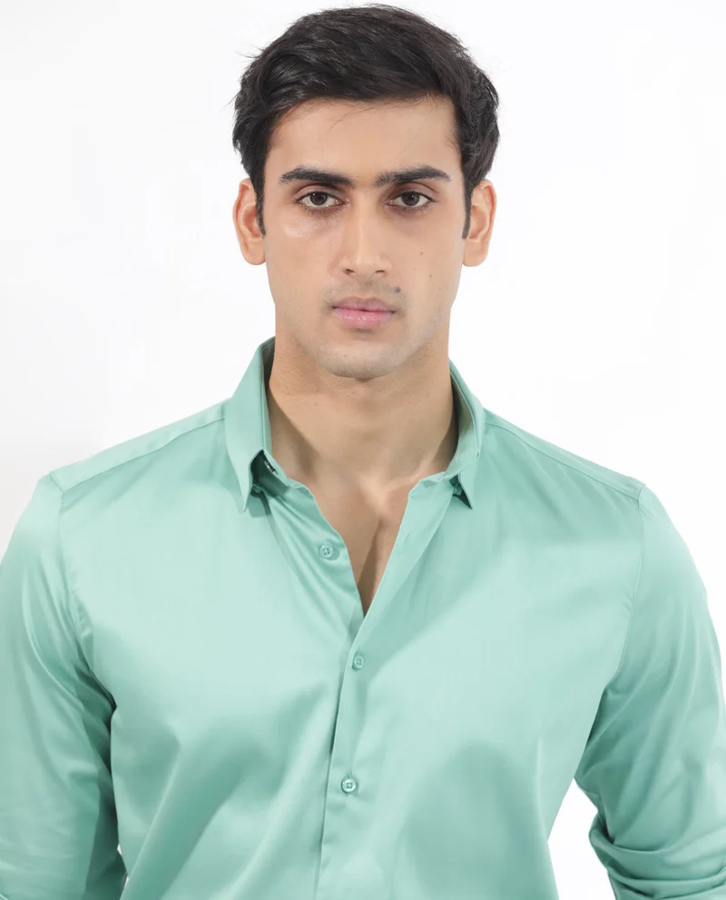 Rare Rabbit Rare Rabbit Men's Holand Pastel Green Satin Fabric Full Sleeves Solid Shirt