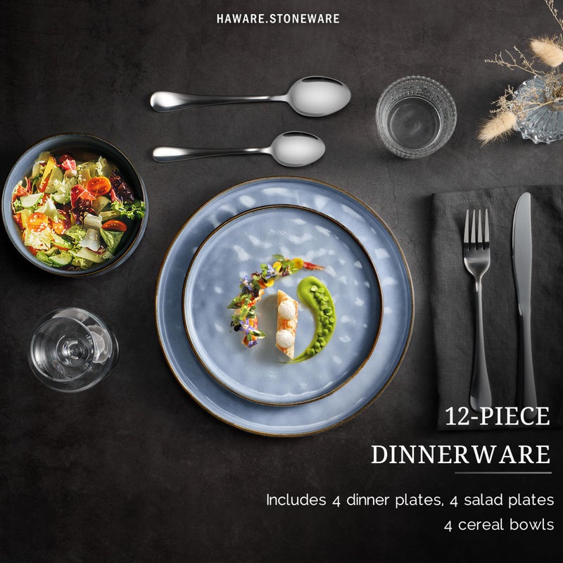 HaWare Dinnerware Sets, 12-Piece Plates and Bowls Set, Stoneware Dish Set for 4, Ceramic Dinnerware for Home Restaurant, Chip and Scratch Resistant, Microwave and Dishwasher Safe, Reactive Blue - Image 3
