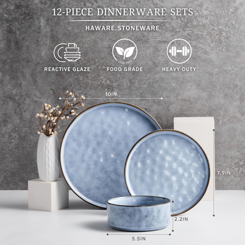 HaWare Dinnerware Sets, 12-Piece Plates and Bowls Set, Stoneware Dish Set for 4, Ceramic Dinnerware for Home Restaurant, Chip and Scratch Resistant, Microwave and Dishwasher Safe, Reactive Blue - Image 2